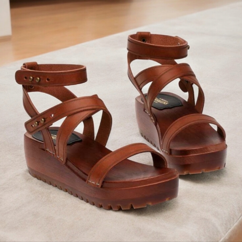 SWEDISH HASBEENS Jesus Ankle Sandals 41 11 Clogs Cognac Leather Strappy RARE - Picture 2 of 15